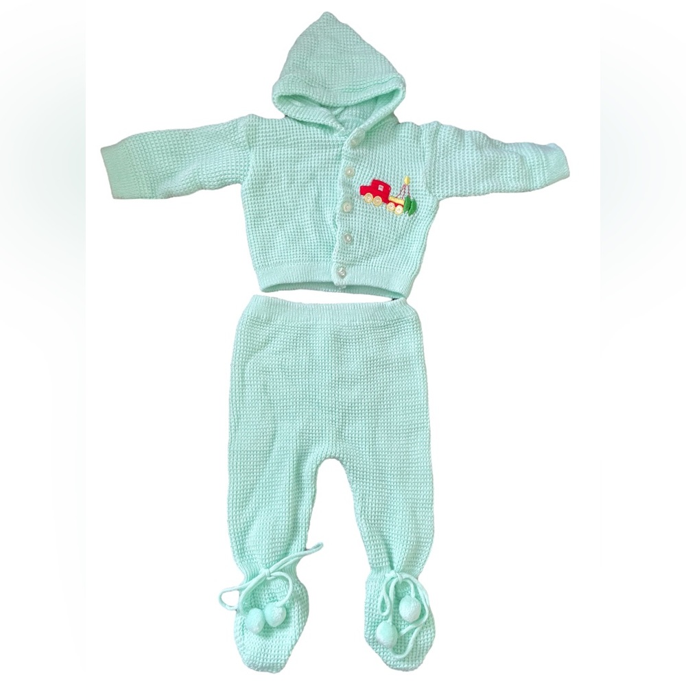 Hopscotch Vintage 90s Mint Green Two Piece Knit Button Up Hoodie Footed Pants